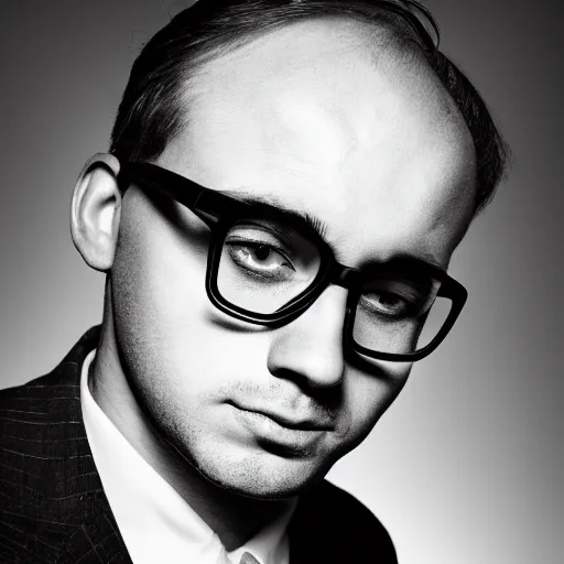 Prompt: monochrome tommy ingberg portrait of a bespectacled man looking pensive high definition