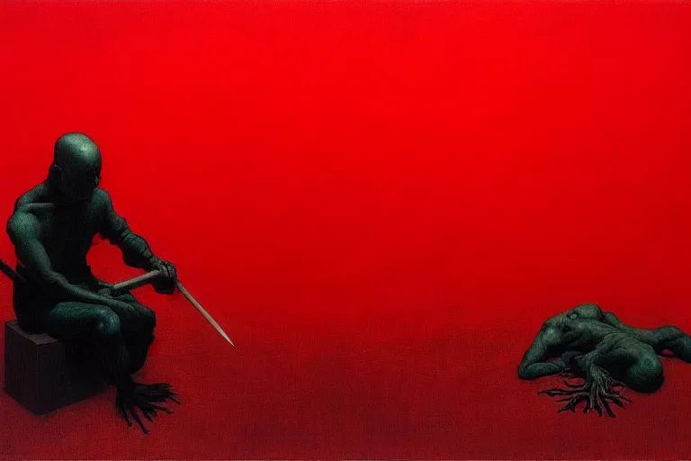 Image similar to only with red, a red samurai do seppuku, tokio, a lot of frogs watch, in the style of beksinski, parts by edward hopper, parts by rodcenko, parts by yue minjun, intricate and epic composition, red by caravaggio, insanely quality, highly detailed, masterpiece, red light, artstation, 4 k