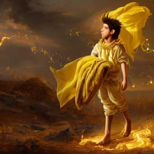 Prompt: A epic and beautiful rococo painting of a young arabian boy half wolf covered in yellow cloth surrounded by wolves of ashes, standing before a desert of ashes. ultra-detailed. Anime, pixiv, UHD 8K CryEngine, octane render