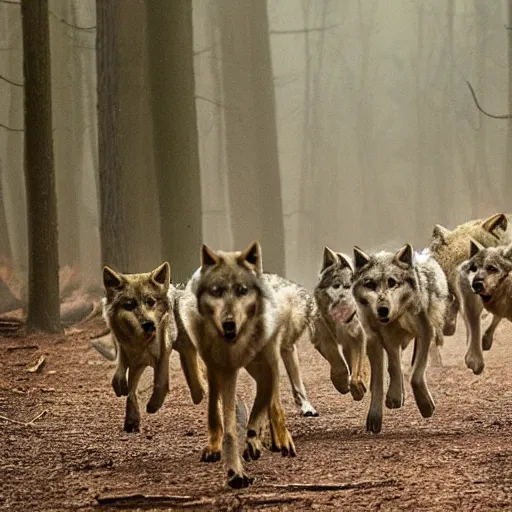 Prompt: a man being chased by a pack of wolves in a forest