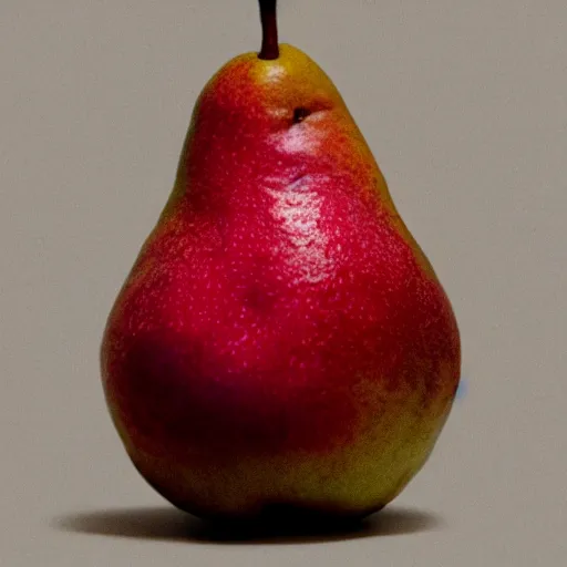 Image similar to a pear sitting on the counter top that is a symbol of capitalism rotting society from the inside out