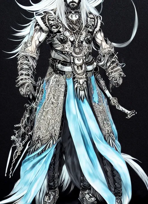 Prompt: Full body portrait of god with long silver hair, half man half wolf, wearing ornate pale blue attire. In style of Yoji Shinkawa and Hyung-tae Kim, trending on ArtStation, dark fantasy, great composition, concept art, highly detailed, dynamic pose.