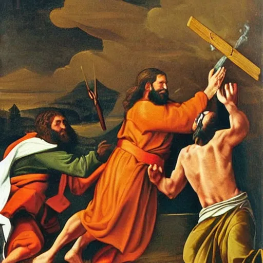 Image similar to Jesus fighting the pope