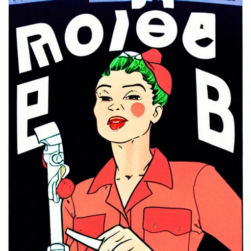 Image similar to a portrait of Rosie the Riveter by Moebius