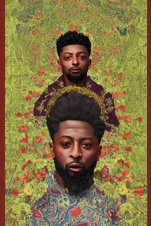 Image similar to breathtaking detailed concept art painting of 2 1 savage, orthodox saint, with anxious, piercing eyes, ornate background, amalgamation of leaves and flowers, by hsiao - ron cheng, extremely moody lighting, 8 k