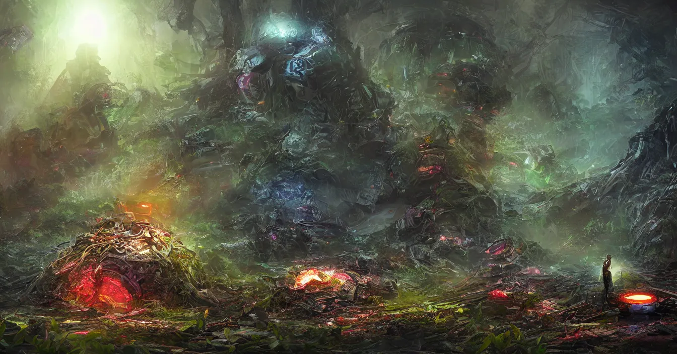 Image similar to futuristic archaeologists are excavating buried alien nest hidden in deep dark rainy forest, deep sense of horror atmosphere, visual fidelity and plasticity, colorful digital art, vivid colors, in style of fenghua zhong