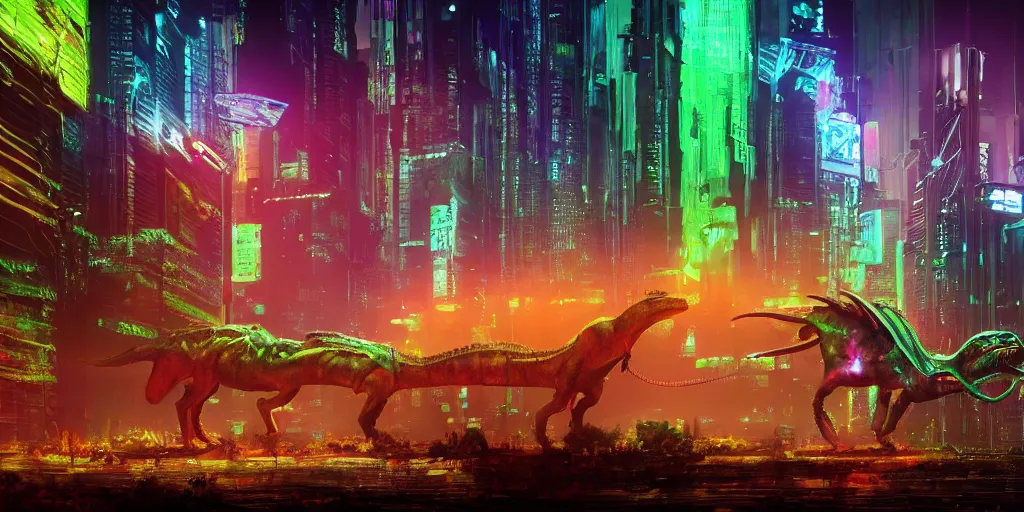 Image similar to a beautiful painting of a lush cyberpunk city with a single dinosaur grazing in the foreground by ridley scott, vivid colours, cinematic lighting, fine details, 8 k | | digital artwork made by greg rutswork, anna dittmann and lois van barlee, symmetrical neon rim light, anatomically correct