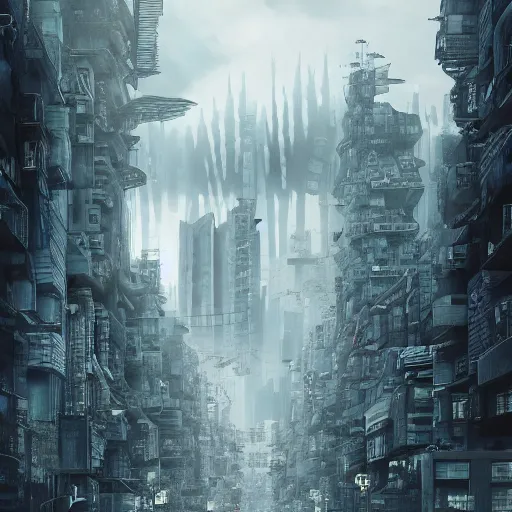 Image similar to dystopian city in the style of dr woo, thing line, single needle, monochromatic, 8 k