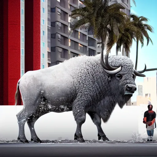 Prompt: a buffalo in the urban streets, cocaine buffalo, covered in white flour, white powder bricks, miami heat colors, south beach colors, 8 k, dynamic lighting, hdr, trending on artstation, ultra detailed, professional illustration, unreal engine