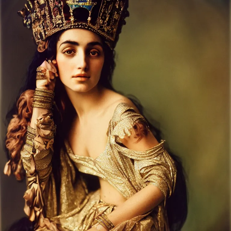 Prompt: a portrait photograph of a beautiful ancient glamorous young lebanese princess by richard avedon styled by alphonse mucha, award winning, cooke 8 5 mm f / 1. 2, lomography color 4 0 0 film stock, low - key studio lighting,