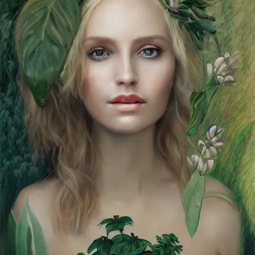 Prompt: a portrait of a petite blonde woman with plants in hair, oil painting, pale colors, high detail, 8 k, wide angle, trending on artstation,