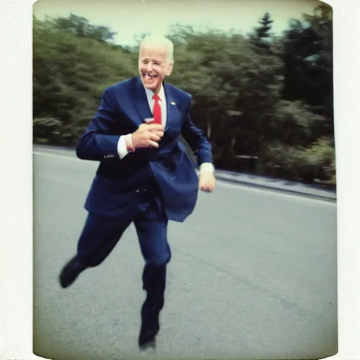 Image similar to polaroid image of joe biden chasing after a man.