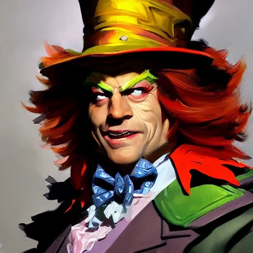 Image similar to greg manchess portrait painting of partially armored mad hatter from alice in wonderland as overwatch character, wacky, medium shot, asymmetrical, profile picture, organic painting, sunny day, matte painting, bold shapes, hard edges, street art, trending on artstation, by huang guangjian and gil elvgren and jesper ejsing