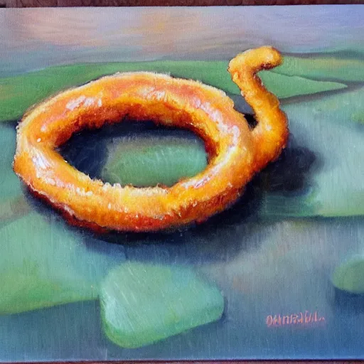 Prompt: Onion rings made out of crystal in a wetland, Oil painting