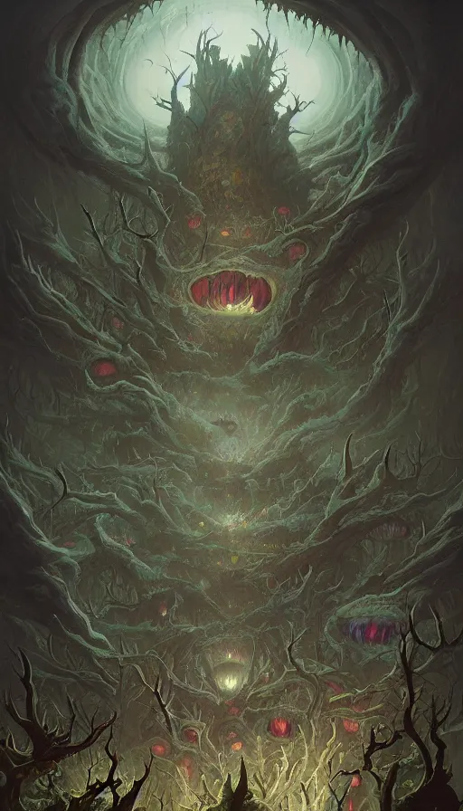 Image similar to a storm vortex made of many demonic eyes and teeth over a forest, by peter mohrbacher