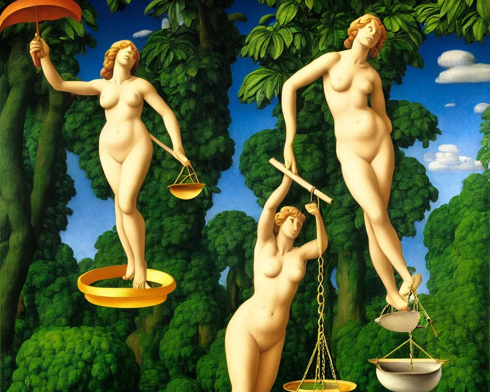 Image similar to lady justice statute in the rainforest by raphael, hopper, and rene magritte. detailed, romantic, enchanting, trending on artstation.