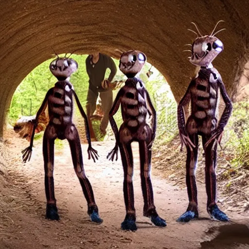 Prompt: humans wearing realistic ant costumes in an underground dirt tunnel