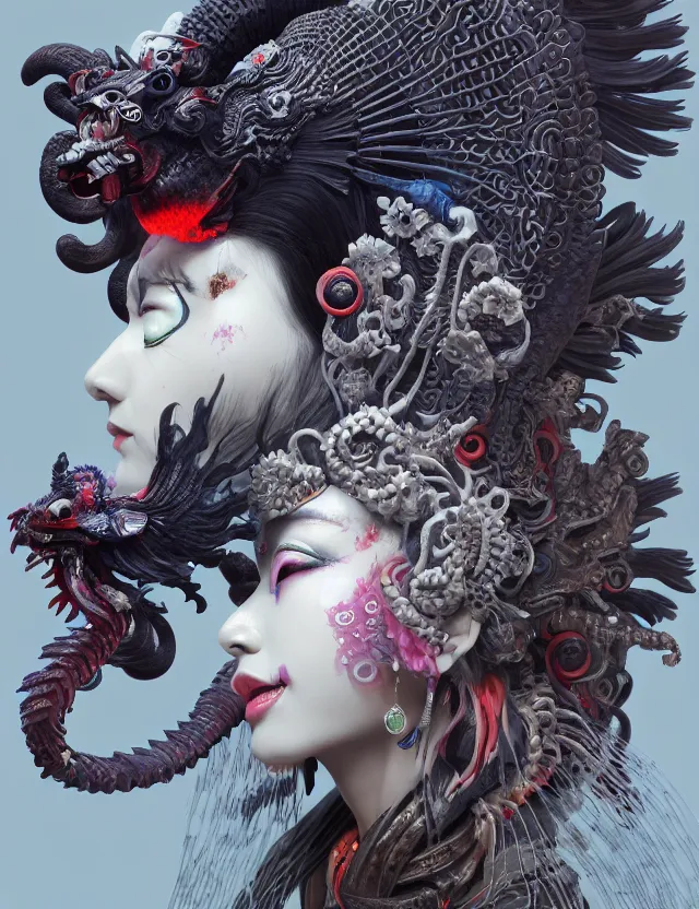 Image similar to 3 d goddess of hell close - up profile portrait with ram skull. beautiful intricately detailed japanese crow kitsune mask and clasical japanese kimono. betta fish, jellyfish phoenix, bio luminescent, plasma, ice, water, wind, creature, artwork by tooth wu and wlop and beeple and greg rutkowski