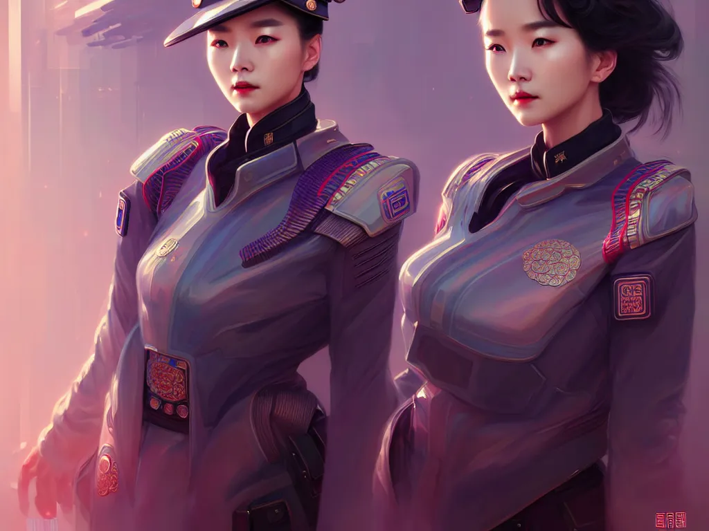 Image similar to portrait futuristic china police uniform female, at future neon light rooftop, ssci - fi and fantasy, intricate and very very beautiful and elegant, highly detailed, digital painting, artstation, concept art, smooth and sharp focus, illustration, art by tan zi and ayanamikodon and alphonse mucha and wlop