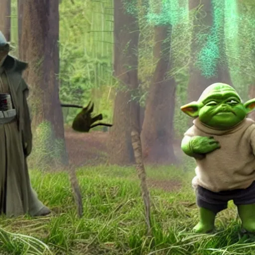 Prompt: yoda training shrek with lightsabers in swamp with donkey watching colorful detailed 1 2 0 k ultra hyper wow very very