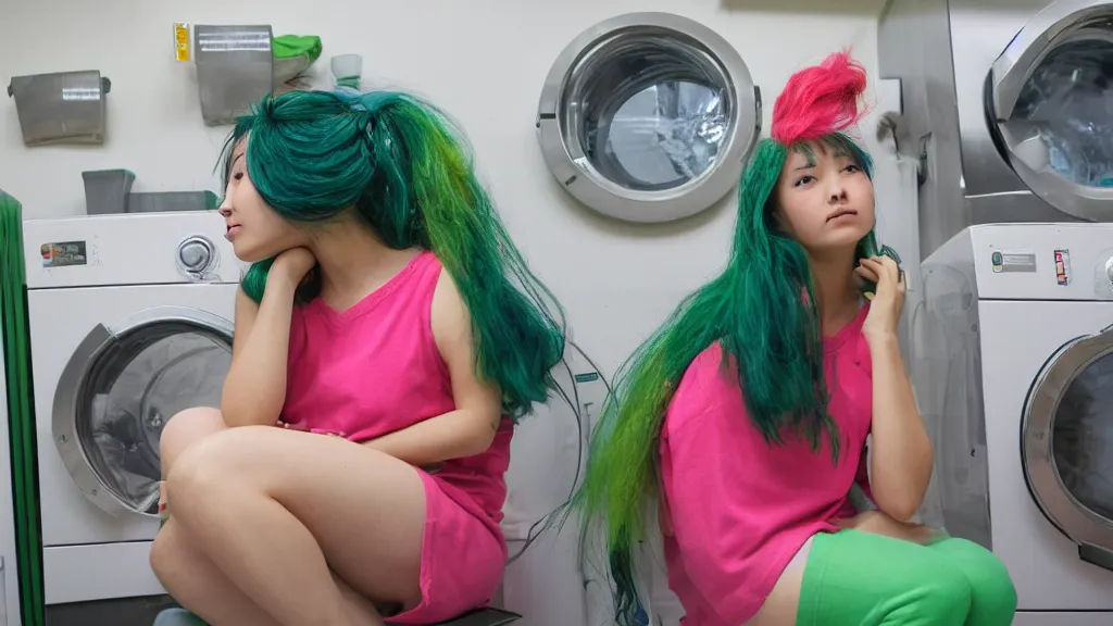 Image similar to a girl with green hair sitting on top of a washing machine in a laundromat in the style of Tsuguharu Fujita, pink yellow red and green