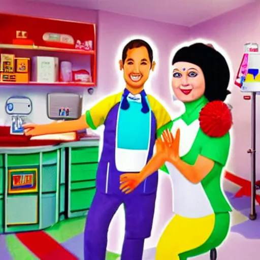 Image similar to photo of a happy patient and doctor or nurse in a hospital room made out of soft candy, candy hospital equipment, candy hospital room, candy treatments, oompa loompa virus, willy wonka pandemic