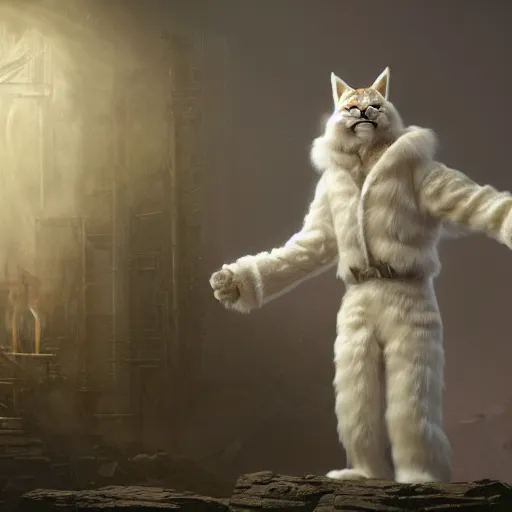 Image similar to white anthropomorphic lynx in victorian white man suit and white fur coat, lynx face, full body with cat paws by craig mullins and noriyoshi ohrai, unreal engine character, furry art, steampunk fantasy style, 4 k, trending on artstation