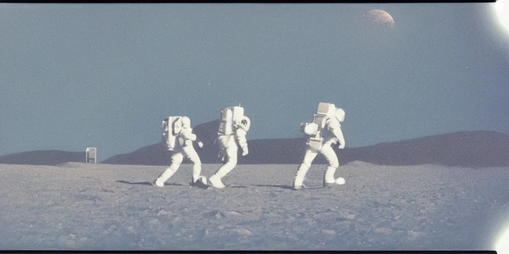 Image similar to polaroid photo of spacemen landing on a blue moon, slight color bleed, grain