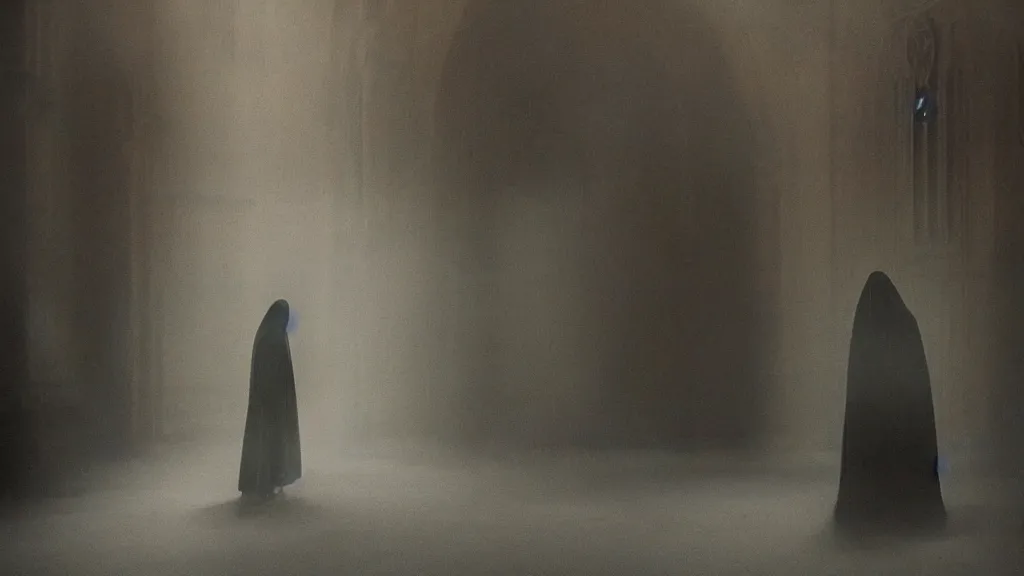 Prompt: a cloaked creature stalks a person through a Victorian theatre , film still from the movie directed by Denis Villeneuve with art direction by Zdzisław Beksiński, medium shot, shallow depth of field,