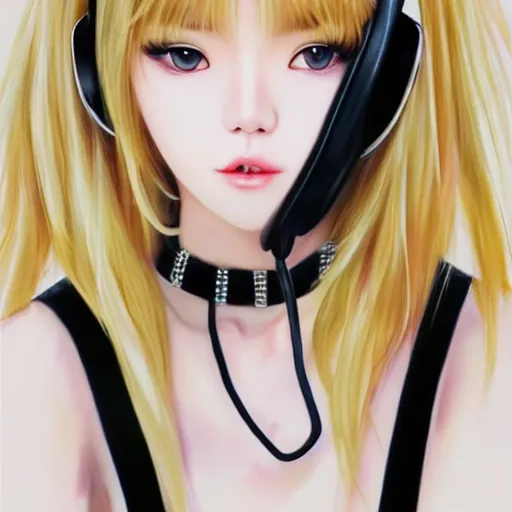 Image similar to realistic beautiful gorgeous natural cute Blackpink Lalisa Manoban blonde hair cute fur blonde cat ears, wearing camisole, wearing headphones, wearing black leather choker artwork drawn full HD 4K highest quality in artstyle by professional artists WLOP, Taejune Kim, Guweiz on Artstation Pixiv