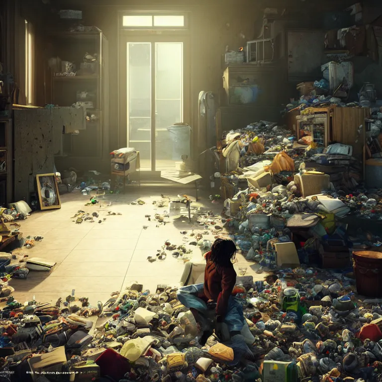 Prompt: a cinematic shot of a hoarder in a room filled with garbage, claustrophobic, octane render, volumetric lighting, nvidia raytracing demo, by Andy Thomas, Mario Martinez, Daniel Mirante, Gustave Dore, Artstation, CGsociety, masterpiece