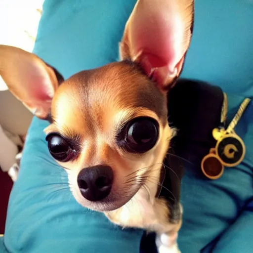 Image similar to chihuahua winning the “ biggest eyes in the world ” medal