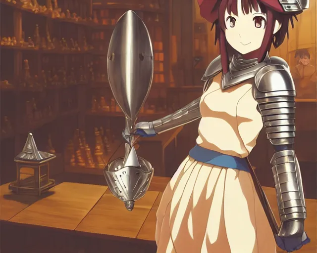 Prompt: anime visual, portrait of a young female knight wearing armor in a alchemist's shop interior, cute face by yoh yoshinari, katsura masakazu, studio lighting, dynamic pose, dynamic perspective, strong silhouette, anime cels, ilya kuvshinov, cel shaded, crisp and sharp, rounded eyes, moody