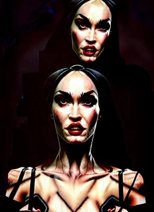 Prompt: megan fox witch queen, black eyes, blood, full body, intricate victorian dress, middle shot, cinematic lighting, studio quality, symmetrical eyes, caravaggio, artgerm, joshua middleton, rafael albuquerque, moody lighting, candles