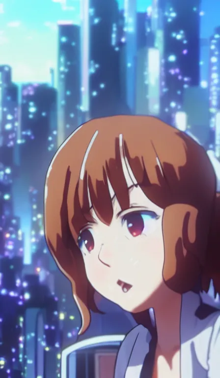 Prompt: anime fine details portrait of ochaco uraraka in front of cyberpunk moder city landscape on the background deep bokeh, close-up view, anime masterpiece by Studio Ghibli. 8k, sharp high quality anime, artstation