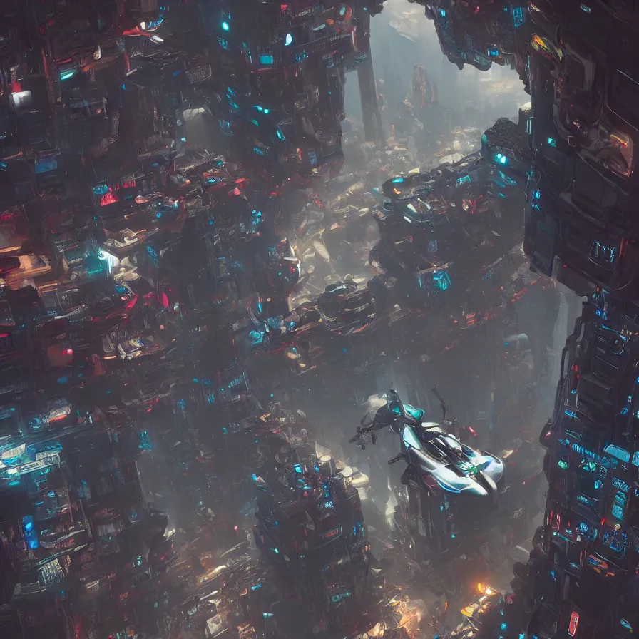 Image similar to hyperrealistic matte painting of futuristic robot quetzalcoatl, flying above a cyberpunk future environment by eddie mendoza, beeple, 4 k, trending on cgsociety