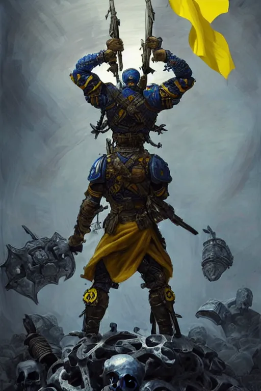 Image similar to a distant shot from behind of a Ukrainian super soldier with blue and yellow flag behind him standing alone on a huge pile of skulls as a winner, masculine muscular figure, D&D, fantasy, intricate, elegant, highly detailed, extremely detailed, digital painting, artstation, concept art, matte, sharp focus, symmetrical, illustration, art by Artgerm and Greg Rutkowski and Alphonse Mucha