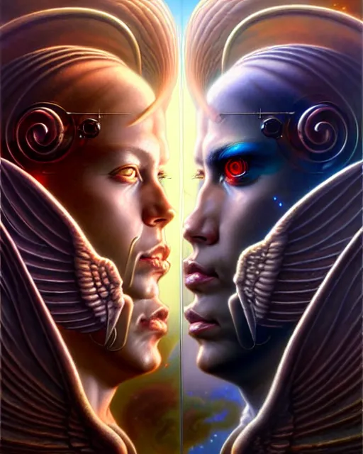 Image similar to a portrait of gemini angel and devil fantasy character portrait facing each other, ultra realistic, wide angle, intricate details, the fifth element artifacts, highly detailed by peter mohrbacher, hajime sorayama, wayne barlowe, boris vallejo, aaron horkey, gaston bussiere, craig mullins