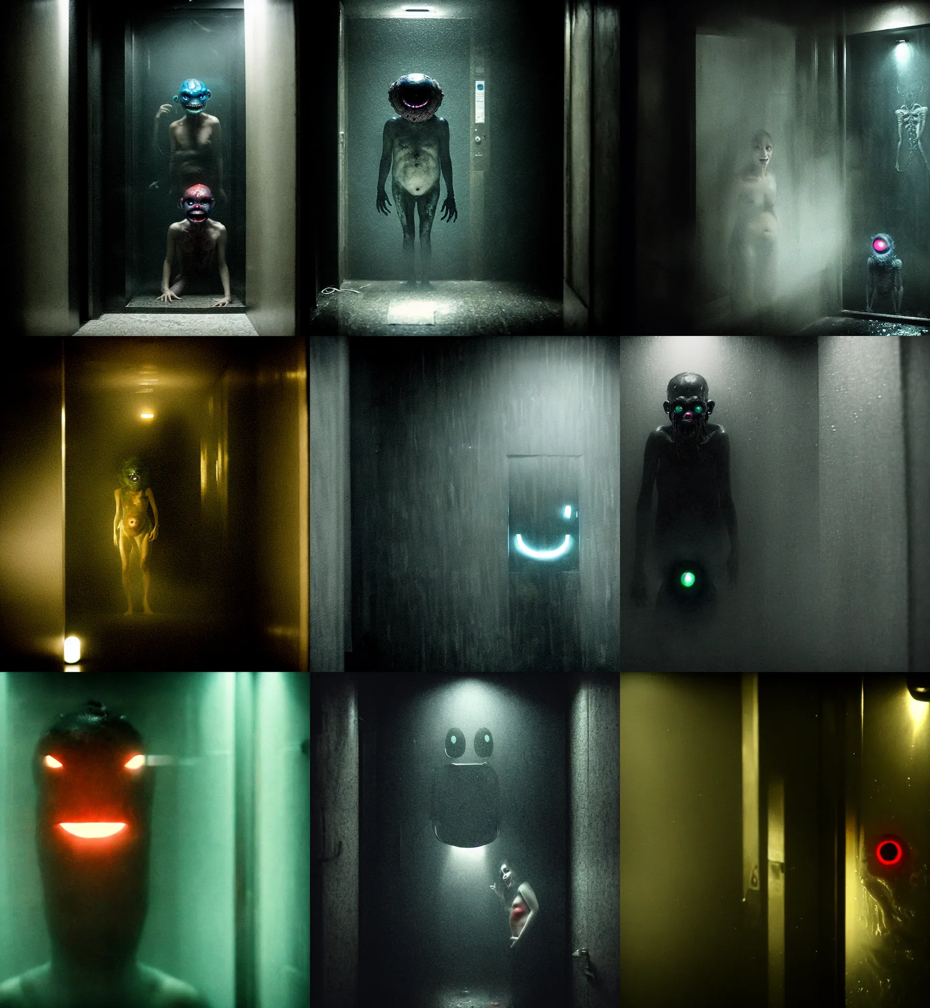 Prompt: in the dark elevator, one wet skin creature with glowing eyes, crawling humanoid monsters, smile face, very light mist, octane rendering, cinematic light. medium shot, 2 4 mm, david fincher, james wan, gritty, moody, eerie, dark artslabcoats, sci - fi equipment, saliva, membrane pregnancy sac, respiratory flap, super realism, claws