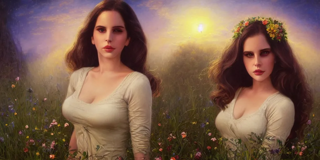 Image similar to big-eyed Lana Del Rey staring into the camera, sundown misty firefly wisps, Lilia Alvarado, Sophie Anderson, Mark Arian, Bob Byerley, Charlie Bowater, Mark Brooks, Steve Henderson, Justin Gerard, Arthur Hughes, Edward Robert Hughes, Mark Keathley, Victor Nizovtsev, Carlos Shwabe, Ross Tran, WLOP