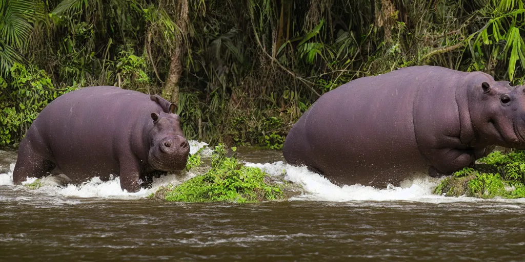 Image similar to a hippo with large wings in a river in the jungle. extremely high fidelity, ominous natural lighting