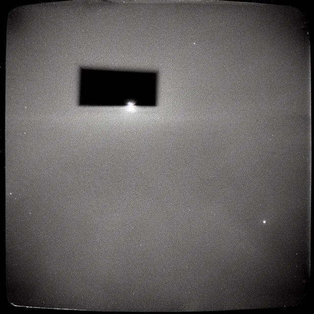 Prompt: huge, moon sized black and white cubes floating in the atmosphere. old polaroid image from the surface of the earth looking up