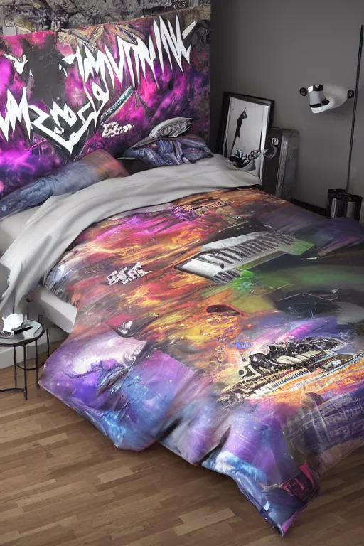 Image similar to photo of bedlinen in a modern bedroom, band merchandise, bandname is tripmachine, tourname is invasion of the tripmachines, realistic digital art, textured with a 3 d render of a huge futuristic steampunk generator, 8 k, fluorescent colors, halluzinogenic, multicolored, exaggerated detailed, unreal engine