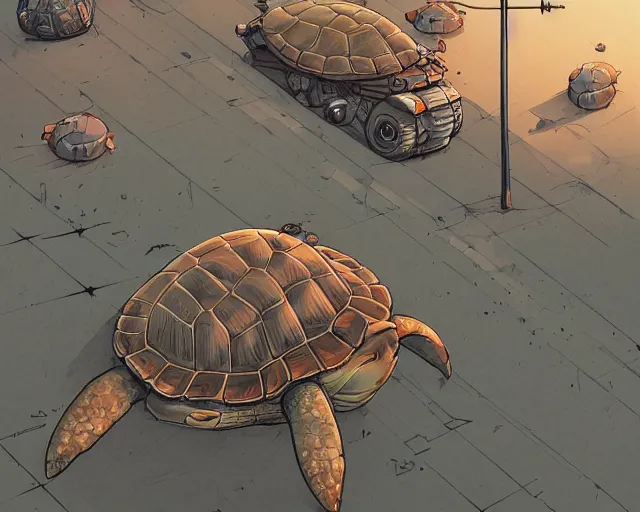 Image similar to a study of cell shaded cartoon turtle tank with tank treads for legs on a desert road, street lamps, road, illustration, wide shot, subtle colors, post grunge, concept art by josan gonzales and wlop, by james jean, victo ngai, highly detailed, sharp focus, trending on artstation, hq, deviantart, art by artgem