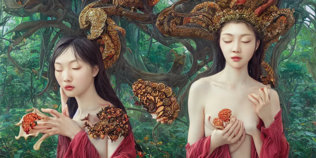 Image similar to breathtaking detailed concept art painting of the goddess of rafflesia arnoldii flowers, orthodox saint, with anxious, piercing eyes, ornate background, amalgamation of leaves and flowers, by Hsiao-Ron Cheng, James jean, Miho Hirano, Hayao Miyazaki, extremely moody lighting, 8K