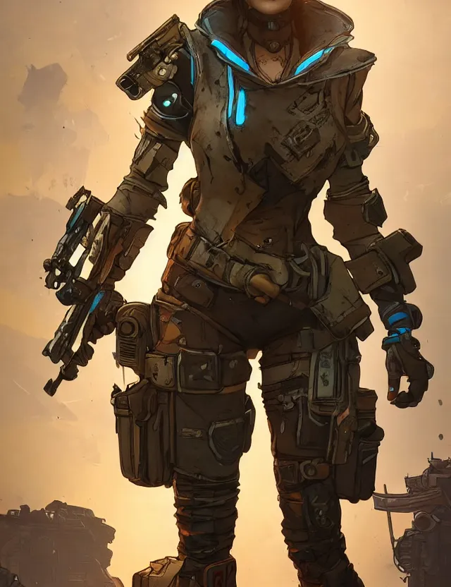 Prompt: a young female soldier as borderlands 3 concept art, art by ryo shiotani and greg rutkowski, intricate, beautiful, cute, cinematic lighting, vintage art by serge ivanoff, high resolution, very detailed