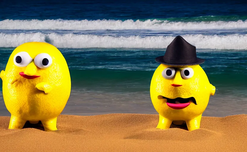 Prompt: 5 0 mm photograph, of a real anthropomorphic lemon character, fit, with lemon skin texture, it is wearing a hat and scuba diving, building a sandcastle on the beach at sunset, beach, huge waves, sun, clouds, tropical trees, rim light, cinematic photography, professional, sand, sandcastle, volumetric lightening