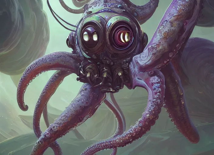 Image similar to cephalopod alien with long powerful tentacles and a single large eye wearing a custom space suit, highly detailed, digital painting, artstation, concept art, matte, sharp focus, illustration, dramatic, galactic plane, hearthstone, art by artgerm and greg rutkowski and alphonse mucha