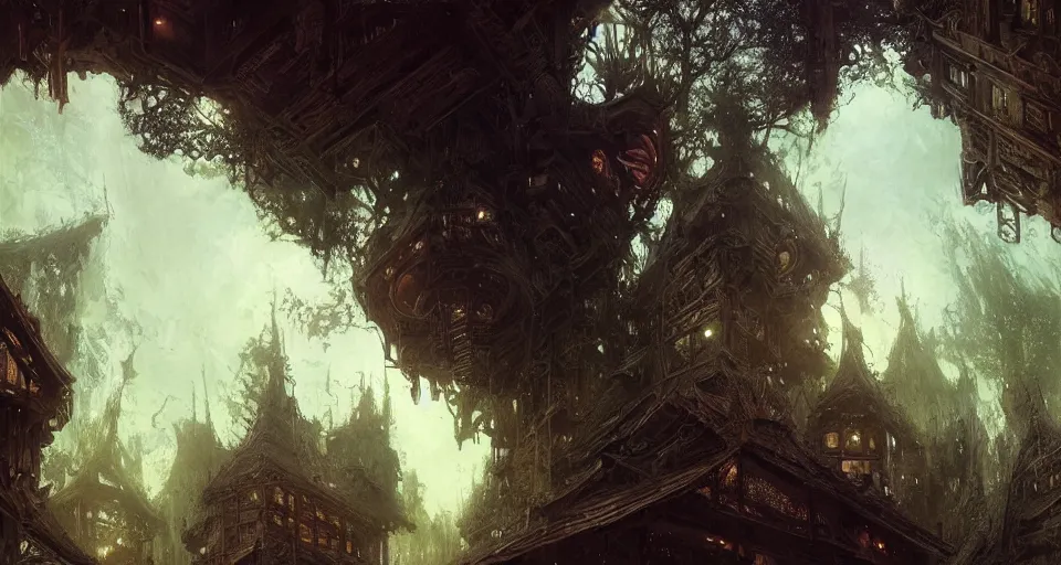 Image similar to looking up at a city of tree - houses at caras galadhon, intricate, elegant, highly detailed, john park, frazetta, john howe, ruan jia, jeffrey catherine jones