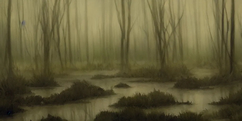 Image similar to painting of will - o'- the - wisps in a murky swamp, muted colors, mysterious, creepy